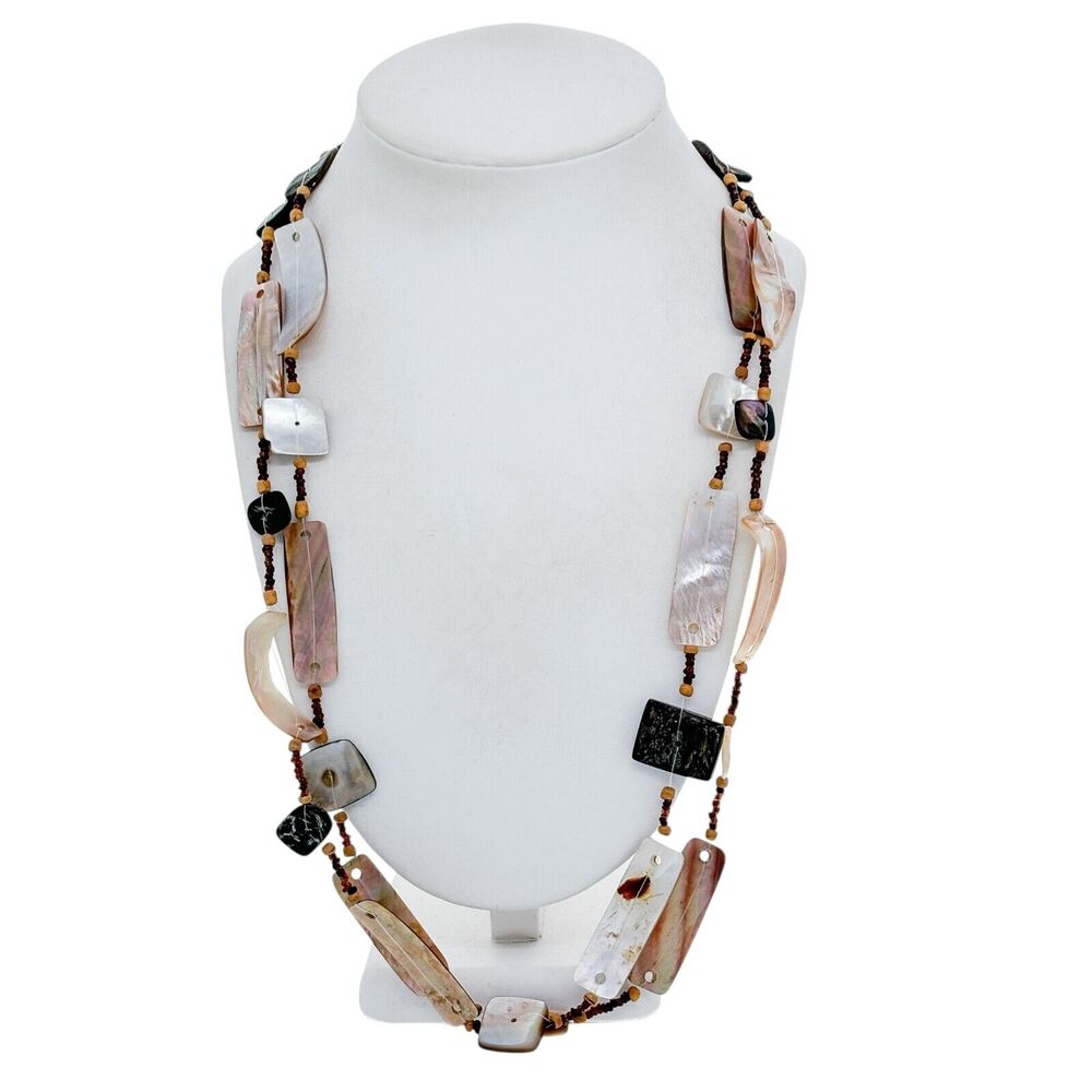 Vintage Mother of Pearl and Wood Double Strand Necklace 24"
